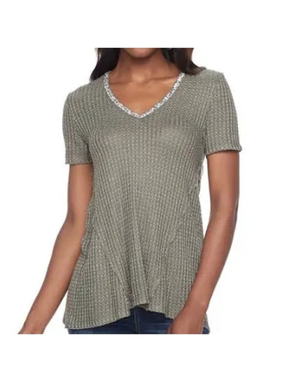 Juicy Couture Gray Waffle Top Jewelled V-Neck Tunic Sharkbite Casual Y2K Bling